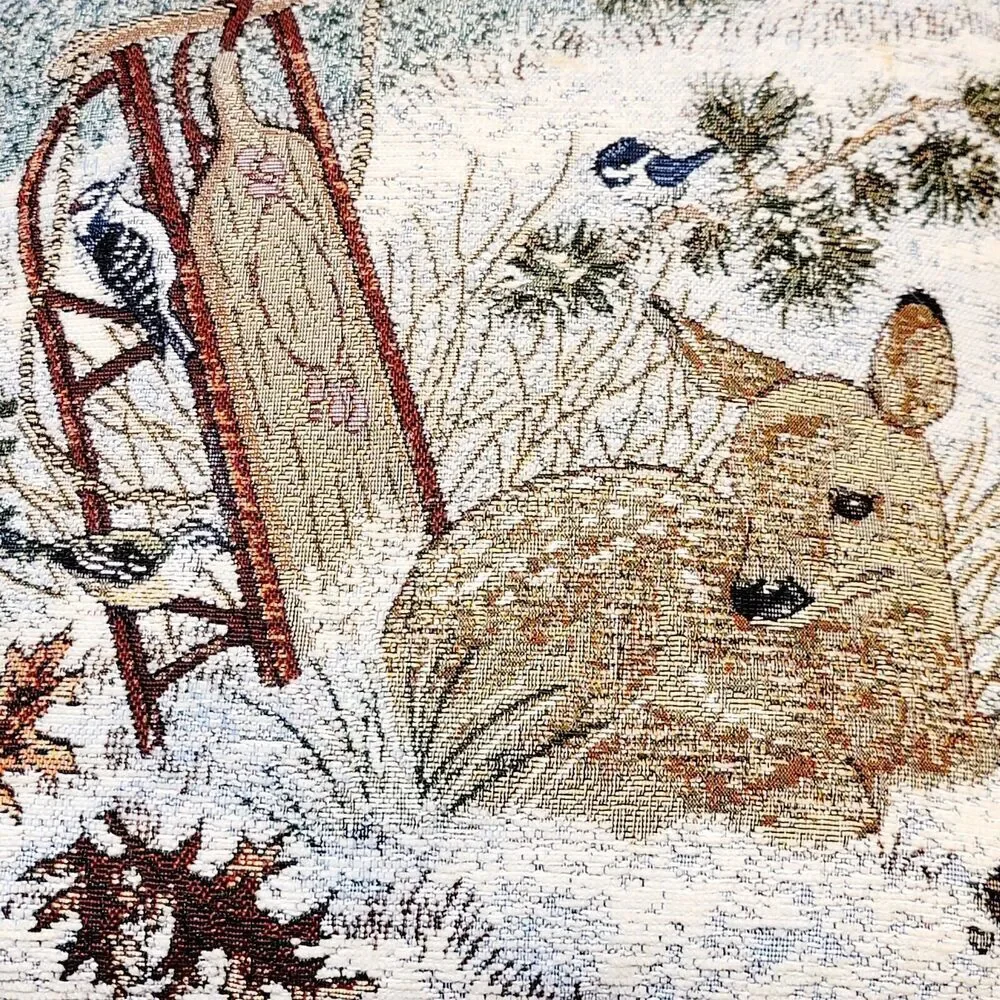 Vtg Riverdale Needlepoin Deer Fawn Sleigh Winter Christmas Throw Pillow Tapestry